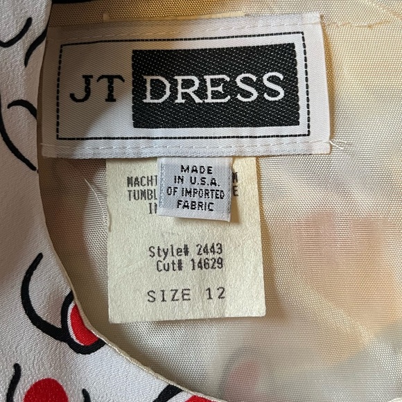 Vintage Dress white red black floral print, tiered skirt, shoulder pads, sz 12 - Picture 8 of 11